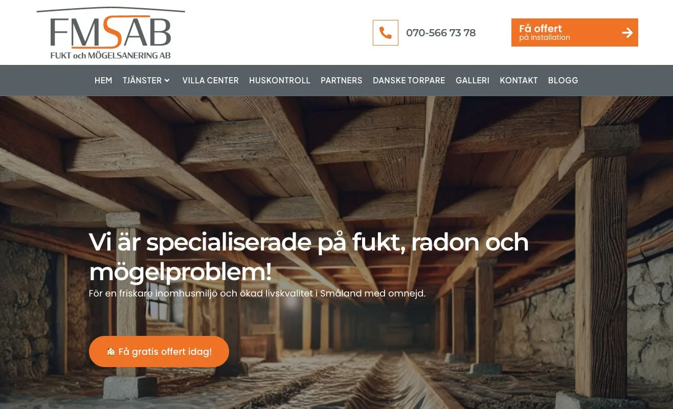 FMS – Fukt- och Mögelsanering AB:s hemsida, byggd av Brandstedt Marketing i WordPress och Elementor